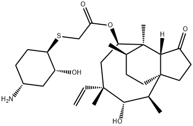 S-(2-ヒドロキシ-4-アミノシクロヘキシル)チオグリコール酸(3aS,9aβ)-1-オキソ-3aα,9α-[(R)-ブタン-1,3-ジイル]-4β,6β,9-トリメチル-5α-ヒドロキシ-6-ビニルデカヒドロ-3aH-シクロペンタシクロオクテン-8β-イル 化学構造式