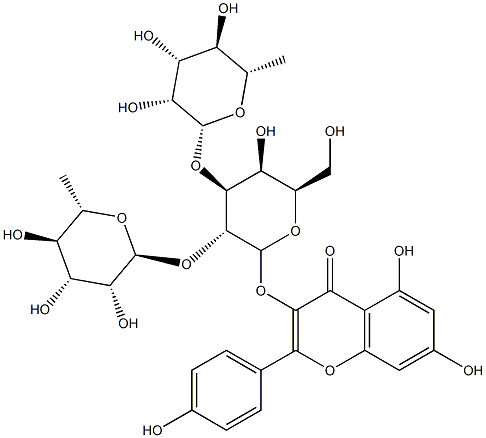 3-[6-O-[2-O-(6-デオキシ-L-マンノピラノース-1α-イル)-6-デオキシ-L-マンノピラノース-1α-イル]-β-D-ガラクトピラノシルオキシ]-5,7-ジヒドロキシ-2-(4-ヒドロキシフェニル)-4H-1-ベンゾピラン-4-オン 化学構造式