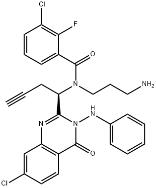 N-(3-アミノプロピル)-N-[(S)-1-[7-クロロ-3-ベンジル-4-オキソ-3,4-ジヒドロキナゾリン-2-イル]-3-ブチニル]-3-クロロ-2-フルオロベンズアミド 化学構造式