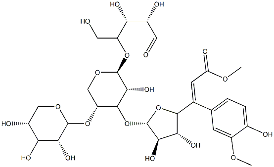 O-beta-xylopyranosyl-(1-4)-O-(5-O-feruloyl-alpha-arabinofuranosyl-(1-3))-O-beta-xylopyranosyl-(1-4)-xylopyranose Structure