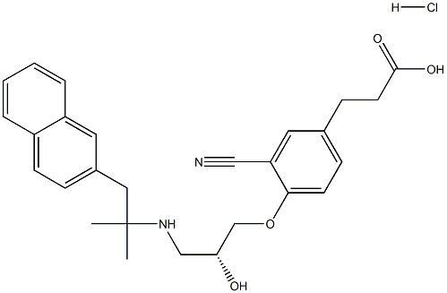 Benzenepropanoic acid, 3-cyano-4-[(2R)-3-[[1,1-diMethyl-2-(2-naphthalenyl)ethyl]aMino]-2-hydroxypropoxy]-, (Hydrochloride) (1:1) Structure