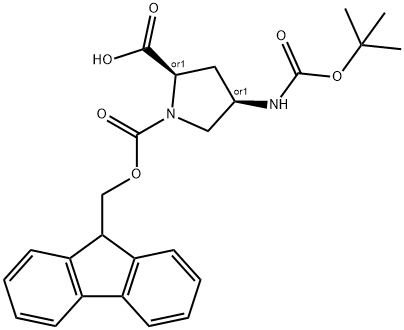 (2R,4R)-1-(((9H-芴-9-基)甲氧基)羰基)-4-((叔丁氧基羰基)氨基)吡咯烷-2-羧酸, 1253790-74-7, 结构式