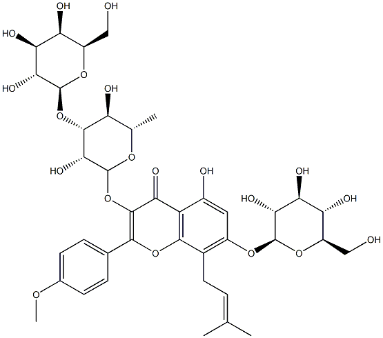 4H-1-Benzopyran-4-one, 3-((6-deoxy-3-O-beta-D-galactopyranosyl-alpha-L -mannopyranosyl)oxy)-7-(beta-D-glucopyranosyloxy)-5-hydroxy-2-(4-metho xyphenyl)-8-(3-methyl-2-butenyl)- Structure