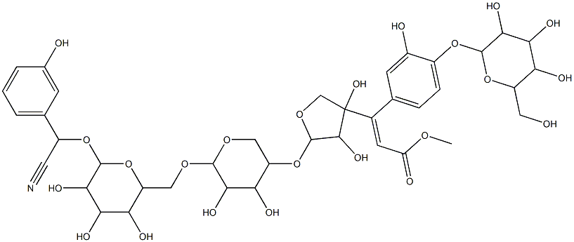 Benzeneacetonitrile, a-[[O-5-O-[(2E)-3-[4-(b-D-glucopyranosyloxy)-3-hydroxyphenyl]-1-oxo-2-propenyl]-D-apio-b-D-furanosyl-(1(R)4)-O-b-D-xylopyranosyl-(1(R)6)-b-D-glucopyranosyl]oxy]-3-hydroxy-, (aS)- (9CI) Structure