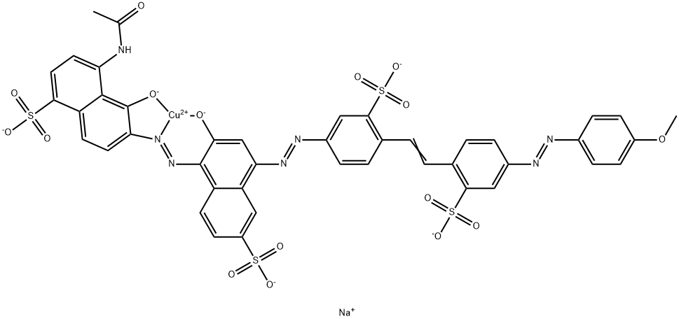 tetrasodium [4-acetamido-5-hydroxy-6-[[2-hydroxy-4-[[4-[2-[4-[(4-methoxyphenyl)azo]-2-sulphophenyl]vinyl]-3-sulphophenyl]azo]-6-sulpho-1-naphthyl]azo]naphthalene-1-sulphonato(6-)]cuprate(4-) 化学構造式
