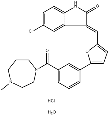 (3E)-5-氯-3-[[5-[3-[(六氢-4-甲基-1H-1,4-二氮杂卓-1-基)羰基]苯基]-2-呋喃基]亚甲基]-1,3-二氢-2H-吲哚-2-酮盐酸盐水合物,1353858-99-7,结构式