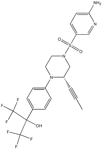 2-[4-[(2R)-2-(1-プロピニル)-4-(6-アミノ-3-ピリジルスルホニル)ピペラジノ]フェニル]-1,1,1,3,3,3-ヘキサフルオロ-2-プロパノール 化学構造式