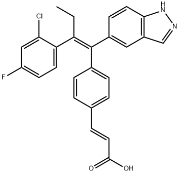 (E)-3-(4-((E)-2-(2-CHLORO-4-FLUOROPHENYL)-1-(1H-INDAZOL-5-YL)BUT-1-EN-1-YL)PHENYL)ACRYLIC ACID,1365888-06-7,结构式