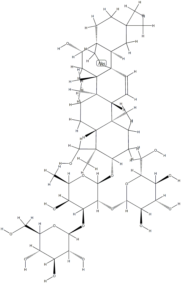 13,28-エポキシ-3β-[[2-O,3-O-ビス(β-D-グルコピラノシル)-β-D-フコピラノシル]オキシ]オレアナ-11-エン-16β,23-ジオール 化学構造式