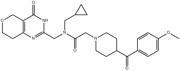 2-[[シクロプロピルメチル[[4-(4-メトキシベンゾイル)ピペリジノ]アセチル]アミノ]メチル]-3,5,7,8-テトラヒドロ-4H-ピラノ[4,3-d]ピリミジン-4-オン 化学構造式