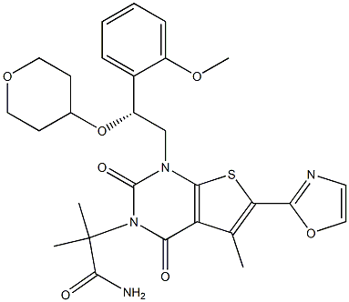 2-{1-[(2R)-2-(2-メトキシフェニル)-2-(オキサン-4-イルオキシ)エチル]-5-メチル-6-(1,3-オキサゾール-2-イル)-2,4-ジオキソ-1H,2H,3H,4H-チエノ[2,3-d]ピリミジン-3-イル}-2-メチルプロパンアミド 化学構造式