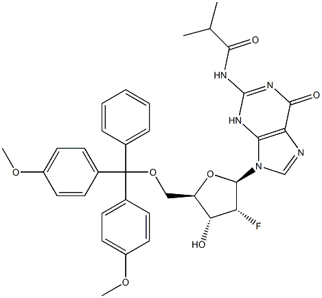 5'-O-(4,4'-二甲氧基三苯甲基)-N2-异丁酰基-2'-氟脱氧鸟苷 结构式