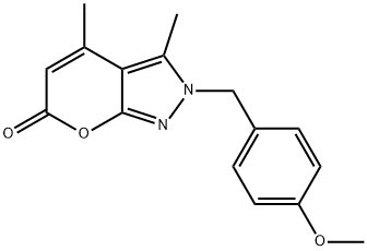 2-(4-メトキシベンジル)-3,4-ジメチルピラノ[2,3-c]ピラゾール-6(2H)-オン 化学構造式