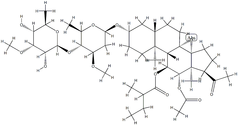 (3beta,5alpha,11alpha,12beta,14beta,17alpha)-12-(Acetyloxy)-3-[[2,6-dideoxy-4-O-(6-deoxy-3-O-methyl-beta-D-allopyranosyl)-3-O-methyl-beta-D-arabinohexopyranosyl]oxy]-8,14-epoxy-11-(2-methyl-1-oxobutoxy)pregnan-20-one Struktur