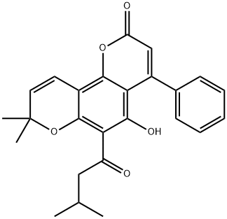 5-ヒドロキシ-8,8-ジメチル-6-(3-メチル-1-オキソブチル)-4-フェニル-2H,8H-ベンゾ[1,2-b:3,4-b']ジピラン-2-オン 化学構造式