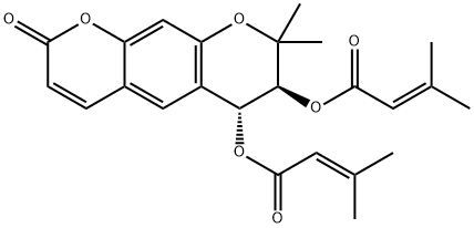Bis(3-methyl-2-butenoic acid)(6R,7S)-7,8-dihydro-8,8-dimethyl-2-oxo-2H,6H-benzo[1,2-b:5,4-b']dipyran-6,7-diyl ester 结构式