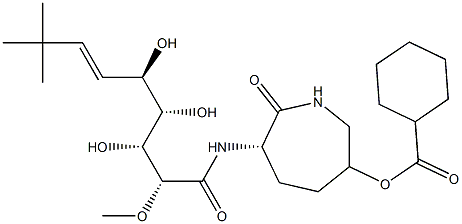 (3R,6S)-7-オキソ-6-[(2R,3R,4S,5R,6E)-3,4,5-トリヒドロキシ-2-メトキシ-8,8-ジメチルノナ-6-エンアミド]アゼパン-3-イル シクロヘキサンカルボキシラート 化学構造式