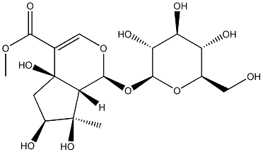 (1S)-1α-(β-D-グルコピラノシルオキシ)-1,4a,5,6,7,7aα-ヘキサヒドロ-4aα,6α,7α-トリヒドロキシ-7-メチルシクロペンタ[c]ピラン-4-カルボン酸メチル 化学構造式