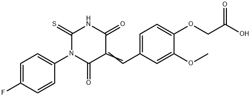 2-[4-[(E)-[1-(4-fluorophenyl)-4,6-dioxo-2-sulfanylidene-1,3-diazinan-5-ylidene]methyl]-2-methoxyphenoxy]acetic acid Struktur
