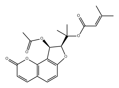 3-Methyl-2-butenoic acid [1-[(8S)-9α-acetoxy-8,9-dihydro-2-oxo-2H-furo[2,3-h]-1-benzopyran-8-yl]-1-methylethyl] ester Structure