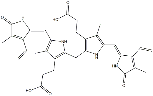 3,17-ジビニル-1,10,19,22,23,24-ヘキサヒドロ-2,7,13,18-テトラメチル-1,19-ジオキソ-21H-ビリン-8,12-ジプロピオン酸 化学構造式