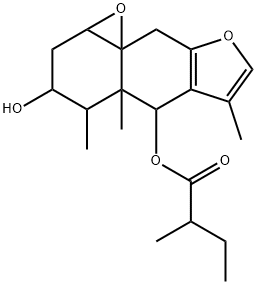 2-メチル酪酸[1a,2,4,4a,5,9-ヘキサヒドロ-3-ヒドロキシ-4,4a,6-トリメチル-3H-オキシレノ[8,8a]ナフト[2,3-b]フラン-5-イル] 化学構造式