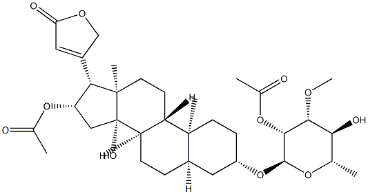 3β-[(2-O-アセチル-6-デオキシ-3-O-メチル-α-L-マンノピラノシル)オキシ]-16β-(アセチルオキシ)-14-ヒドロキシ-5β-カルダ-20(22)-エノリド 化学構造式