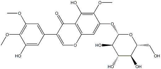 7-(β-D-グルコピラノシルオキシ)-5-ヒドロキシ-3-(3-ヒドロキシ-4,5-ジメトキシフェニル)-6-メトキシ-4H-1-ベンゾピラン-4-オン 化学構造式