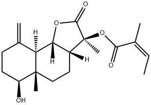 (Z)-2-メチル-2-ブテン酸(3S,3aβ,5aβ,9aα,9bβ)-ドデカヒドロ-6β-ヒドロキシ-3,5a-ジメチル-9-メチレン-2-オキソナフト[1,2-b]フラン-3-イル 化学構造式