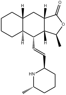 (3S)-3β-メチル-4α-[(E)-2-[(2S)-6β-メチル-2α-ピペリジニル]ビニル]-1,3,3aβ,4,4aα,5,6,7,8,8aβ,9,9aβ-ドデカヒドロナフト[2,3-c]フラン-1-オン 化学構造式