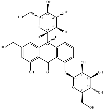 10-β-D-グルコピラノシル-8-(β-D-グルコピラノシルオキシ)-1-ヒドロキシ-3-(ヒドロキシメチル)-9(10H)-アントラセノン 化学構造式