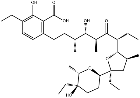 3-Ethyl-6-[(3R,4S,5S,7R)-7-[(2S,3S,5S)-5-ethyl-5-[(2R,5R)-tetrahydro-5-ethyl-5-hydroxy-6α-methyl-2H-pyran-2-yl]tetrahydro-3-methylfuran-2-yl]-4-hydroxy-3,5-dimethyl-6-oxononyl]-2-hydroxybenzoic acid, 55051-86-0, 结构式