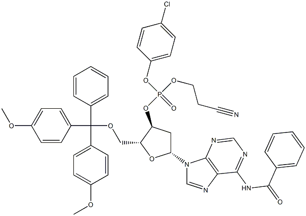 3'-Adenylic acid, N-benzoyl-5'-O-[bis(4-methoxyphenyl)phenylmethyl]-2'-deoxy-, 4-chlorophenyl 2-cyanoethyl ester Struktur