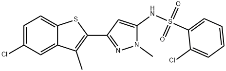 2-クロロ-N-[3-(5-クロロ-3-メチルベンゾ[b]チオフェン-2-イル)-1-メチル-1H-ピラゾール-5-イル]ベンゼンスルホンアミド 化学構造式