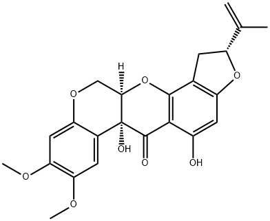 (2R)-1,2,12,12aα-Tetrahydro-5,6aα-dihydroxy-8,9-dimethoxy-2α-(1-methylvinyl)[1]benzopyrano[3,4-b]furo[2,3-h][1]benzopyran-6(6aH)-one Struktur