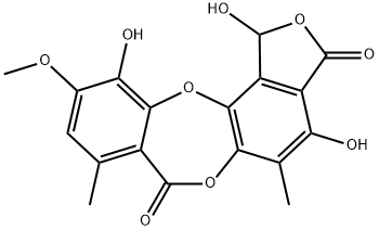 1,4,11-Trihydroxy-10-methoxy-5,8-dimethyl-7H-isobenzofuro[4,5-b][1,4]benzodioxepin-3,7(1H)-dione Struktur