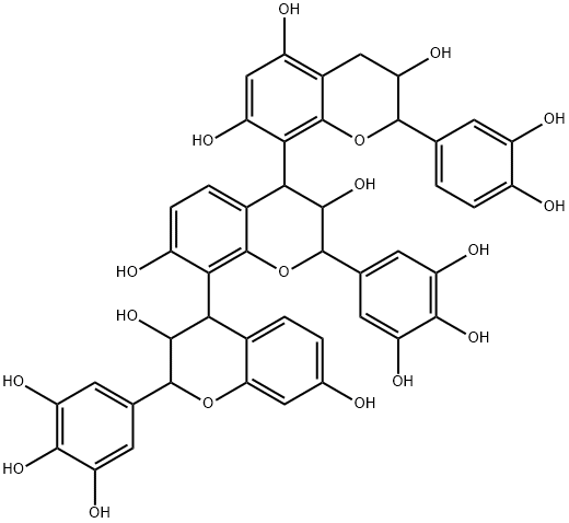 2''-(3,4-Dihydroxyphenyl)-3,3',3'',4,4',4''-hexahydro-2,2'-bis(3,4,5-trihydroxyphenyl)-4,8':4',8''-ter(2H-1-benzopyran)-3,3',3'',5'',7,7',7''-heptol Structure