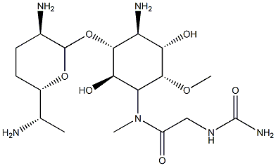 4-Amino-1-[[(carbamoylamino)acetyl]methylamino]-1,4-dideoxy-3-O-(2,6-diamino-2,3,4,6,7-pentadeoxy-β-L-lyxo-heptopyranosyl)-6-O-methyl-L-chiro-inositol Struktur