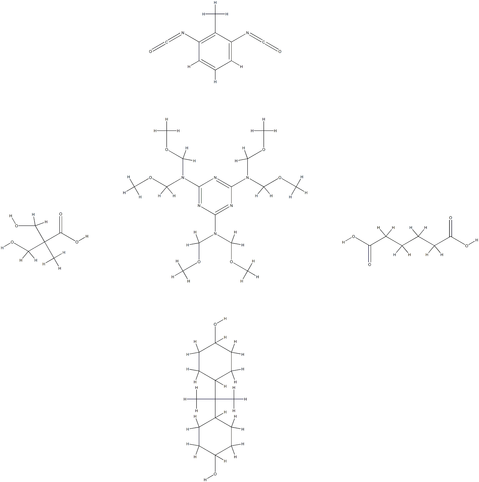 Hexanedioic acid, polymer with 1,3-diisocyanatomethylbenzene, N,N,N',N',N'',N''-hexakis( methoxymethyl)-1,3,5-triazine-2,4,6-triamine, 3-hydroxy-2-(hydroxymethyl)-2-methylpropanoic acid and 4,4'-(1-methylethylidene)bis[cyclohexanol]|