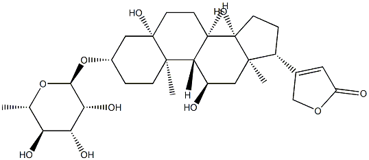 3β-[(6-デオキシ-α-L-マンノピラノシル)オキシ]-5,11α,14-トリヒドロキシ-5β-カルダ-20(22)-エノリド 化学構造式