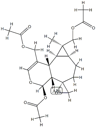 (4R,5S,8S)-4α-Acetoxy-1,8-bis(acetoxymethyl)-4,4aα,6,7,7aβ,8,8aβ,8bα-octahydro-8-methylspiro[5H-cyclopropa[3,4]cyclohepta[1,2-c]pyran-5,2'-oxirane] Struktur