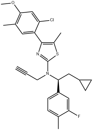 4-(2-chloro-4-Methoxy-5-Methyl-phenyl)-N-[(1S)-2-cyclopropyl-1-(3-fluoro-4-Methyl-phenyl)ethyl]-5-Methyl-N-prop-2-ynyl-1,3-thiazol-2-aMine Structure