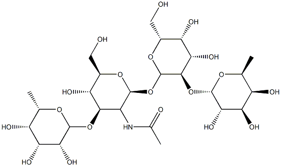 O-alpha fucopyranosyl-(1-2)-O-beta-galactopyranosyl-(1-3)-O-(alpha-fucopyranosyl)-(1-4)-2-acetamido-2-deoxy-glucopyranose Structure