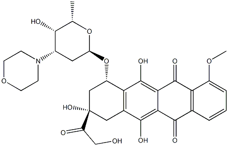 (8S)-10α-[(3-モルホリノ-2,3,6-トリデオキシ-α-L-lyxo-ヘキソピラノシル)オキシ]-7,8,9,10-テトラヒドロ-6,8α,11-トリヒドロキシ-8-(ヒドロキシアセチル)-1-メトキシ-5,12-ナフタセンジオン 化学構造式
