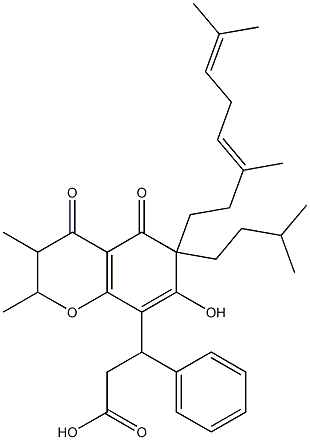 6-(3,7-Dimethyl-3,6-octadienyl)-3,4,6,7-tetrahydro-5-hydroxy-2,3-dimethyl-6-(3-methylbutyl)-4,7-dioxo-β-phenyl-2H-1-benzopyran-8-propanoic acid Structure
