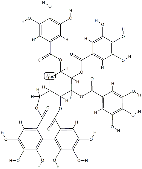 1-O,2-O,3-O-トリガロイル-4-O,6-O-(2,2',3,3',4,4'-ヘキサヒドロキシ[1,1'-ビフェニル]-6,6'-ジイルビスカルボニル)-β-D-グルコピラノース 化学構造式