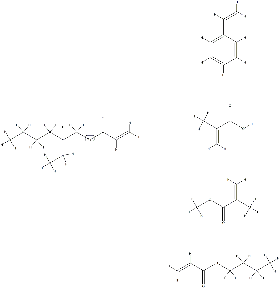 2-Propenoic acid, 2-methyl-, polymer with butyl 2-propenoate, ethenylbenzene, 2-ethylhexyl 2-propenoate and methyl 2-methyl-2-propenoate Structure