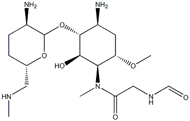 4-Amino-3-O-[2-amino-2,3,4,6-tetradeoxy-6-(methylamino)-α-D-erythro-hexopyranosyl]-1,4,5-trideoxy-1-[[(formylamino)acetyl]methylamino]-6-O-methyl-L-chiro-inositol Struktur