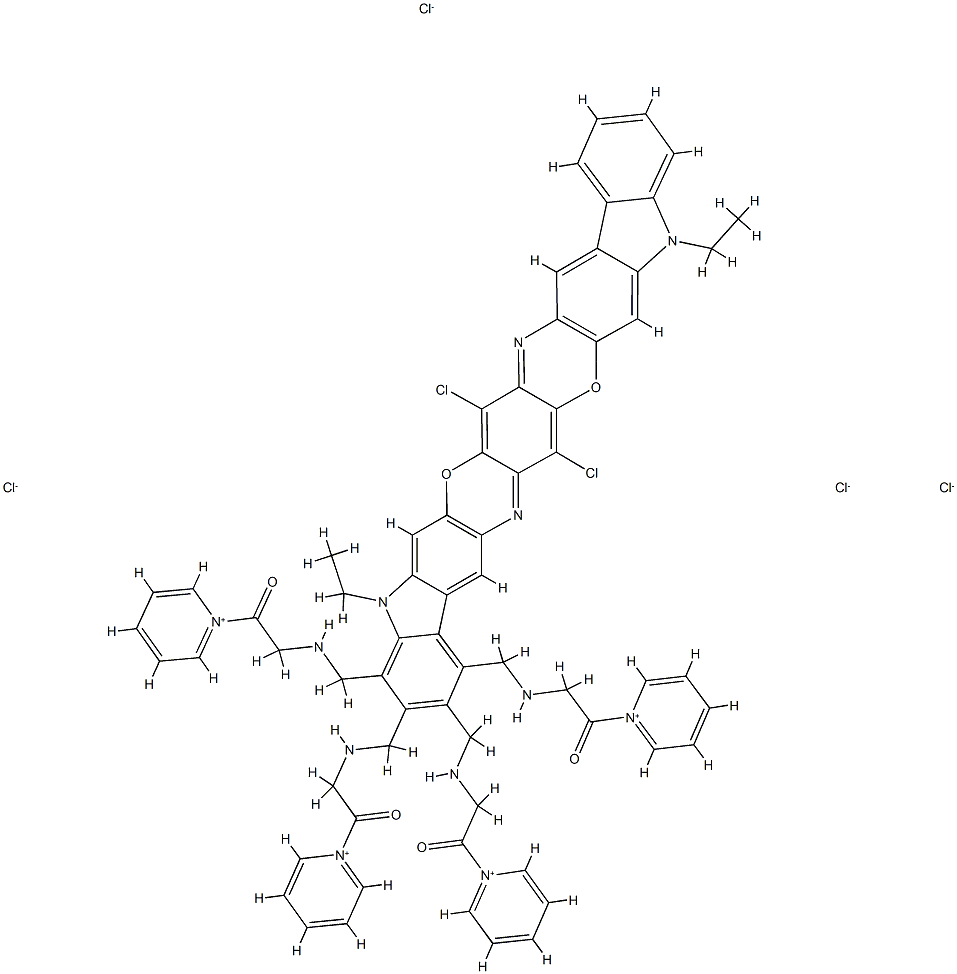 1,1',1'',1'''-[(8,18-dichloro-5,15-diethyl-5,15-dihydrodiindolo[3,2-b:3',2'-m]triphenodioxazinetetrayl)tetrakis[methyleneimino(2-oxoethylene)]]tetrapyridinium tetrachloride Structure