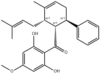 REL-(2,6-二羟基-4-甲氧基苯基)[(1R,2S,6R)-3-甲基-2-(3-甲基-2-丁烯-1-基)-6-苯基-3-环己烯-1-基]甲酮, 89837-52-5, 结构式